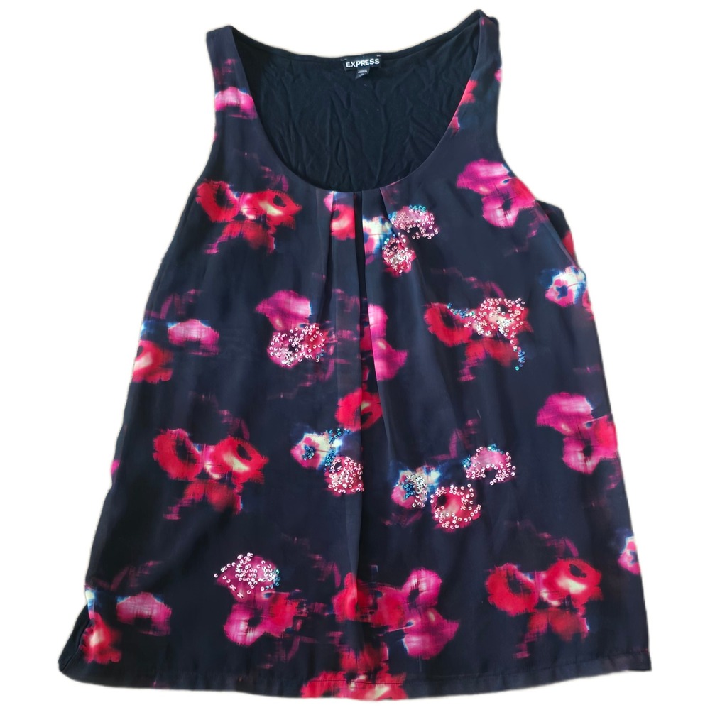 Express Womens Floral Sequin Tank Top Black Pink Watercolor Sleeveless Medium